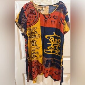 India Boutique Multicolor Tribal Print Short Sleeve Top - Navy, Mustard, Red